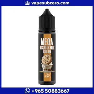 نكهة فيب ميجا بسكويت وكريمة Mega Biscuits Milk Cream 60ml، عبوة سوداء بشعار ميجا.