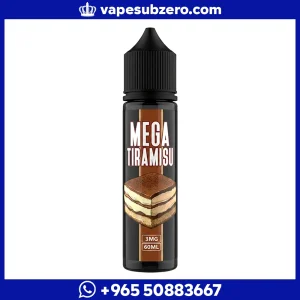 نكهة فيب ميجا تيراميسو Mega Tiramisu 60ml طعم كيك وقهوة، عبوة سوداء بشعار ميجا.
