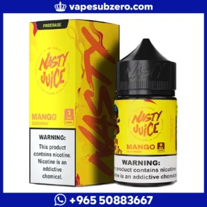 نكهة فيب ناستي كاش مان مانجو Nasty Juice Cush Man Mango 60ml، عبوة باللون الأصفر وعليها شعار ناستي.