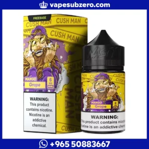 نكهة فيب ناستي كاش مان مانجو وعنب Nasty Juice Cush Man Mango Grape 60ml، عبوة باللون الأصفر والبنفسجي.