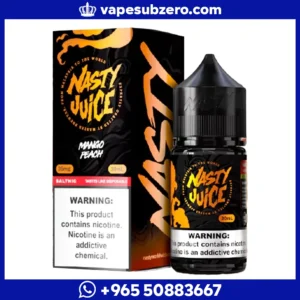 نكهة ناستي مانجو وخوخ سولت نيكوتين 30 مل، عبوة سوداء وبرتقالية بشعار Tastes Like Disposable.
