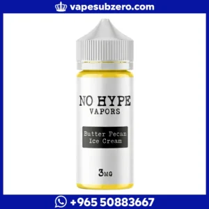 نكهة فيب نو هايب No Hype Vapors طعم أيس كريم وبيكان 100 مل، عبوة باللون الأبيض والأصفر.