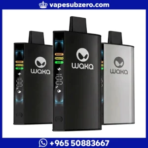 سحبة واكا WAKA 20000 سحبة، تظهر ثلاثة أجهزة مع شاشة ذكية توضح نسبة الشحن ومستوى النكهة المتبقية وأوضاع التحكم بالأداء (Boost).