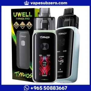 جهاز يو ويل تايفوس برو Uwell Typhos Pro مع العلبة، يظهر الجهاز بشاشة كبيرة وبطارية 3000 ملي أمبير.