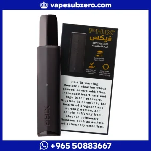 جهاز فيكس مع البودات – طقم تشغيل أولي مع علبة المنتج وتحذير صحي ونص ترويجي من موقع vapesubzero