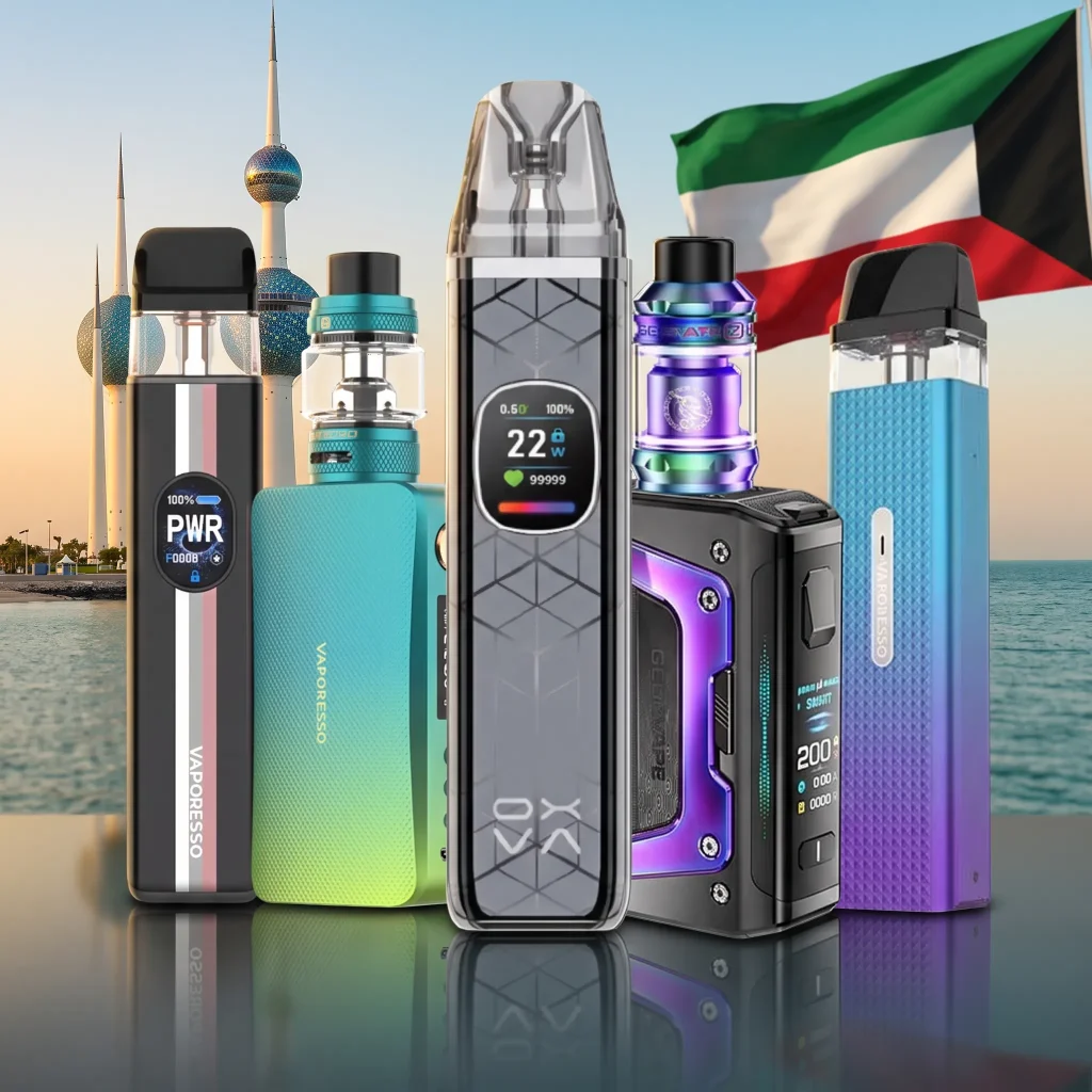 Vaporesso, OXVA and Geekvape pod systems and vape mods in front of the Kuwait Towers and the Kuwait flag
